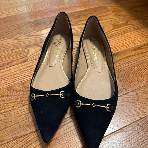 Sam Edelman Women sz 9 Suede Nori Pointed Ballet Flats black gold buckle office - Picture 5 of 11